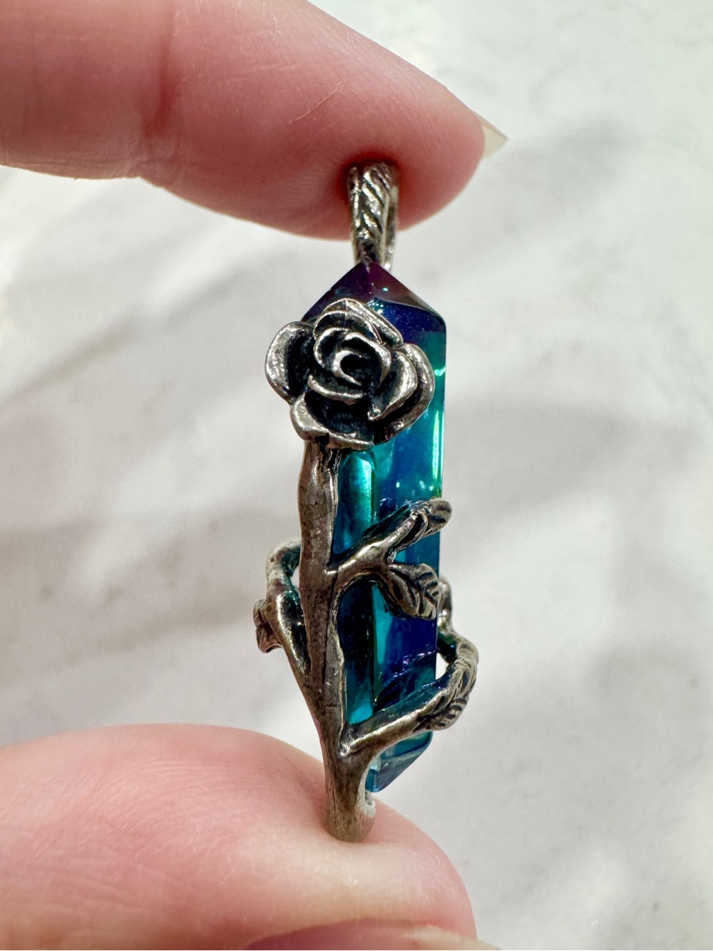Sterling Silver Aura Quartz Pendant Blue Green Crystal Rose Vine